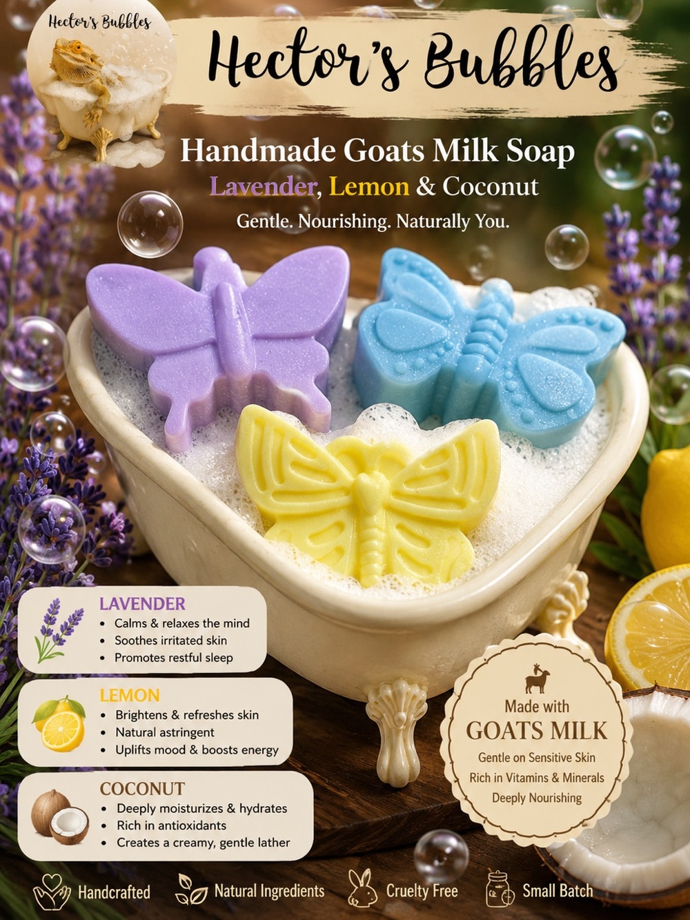 Handmade Goats Milk Soap. Butterflies. Lavender, Lemon, & Coconut